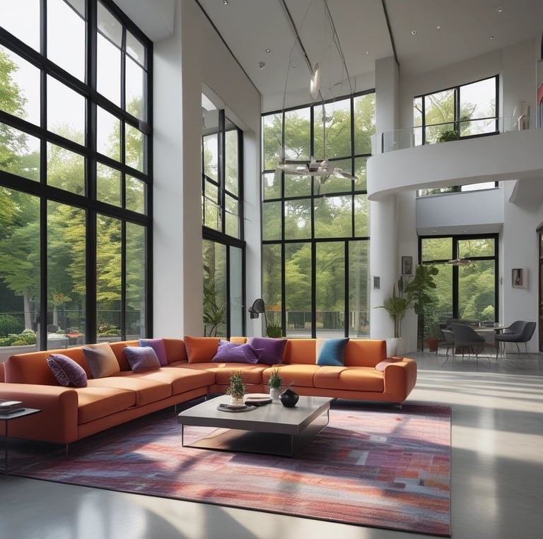 A sleek, modern living room freshly painted in vibrant colors with clean lines and stylish decor.