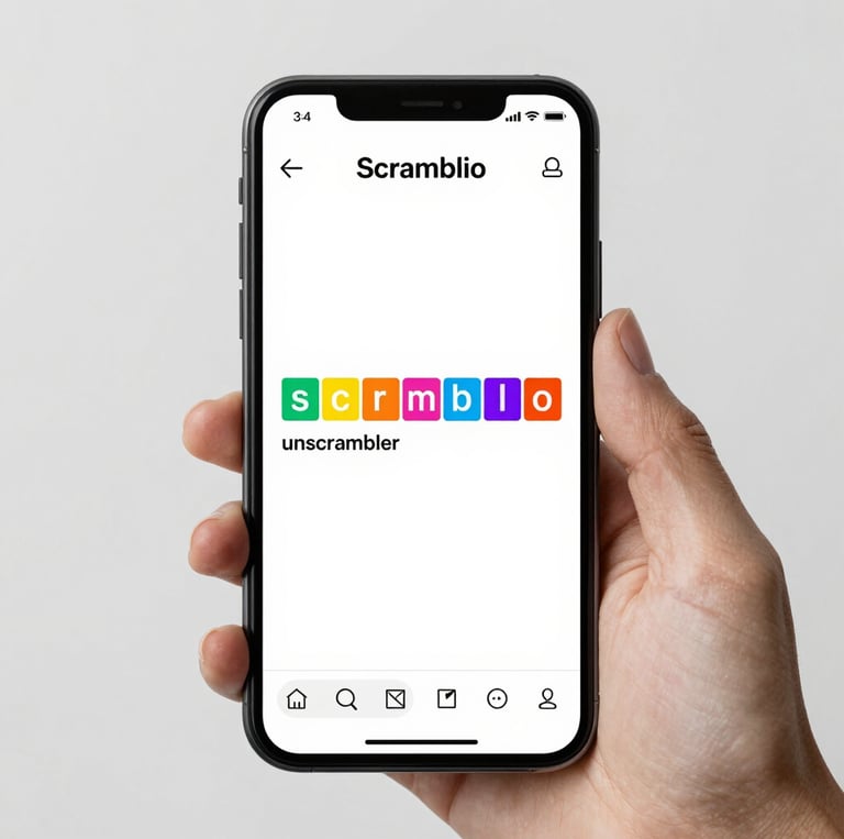 dern interface showing Scramblio’s word unscrambler in action with colorful letter tiles and filter options.