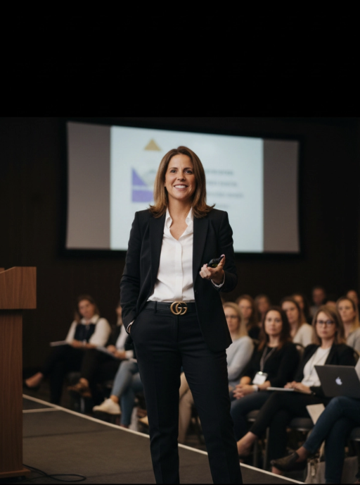 Amy McArdle, PhD, Hudson Valley leadership coach/real estate advisor speaking on stage about mindset