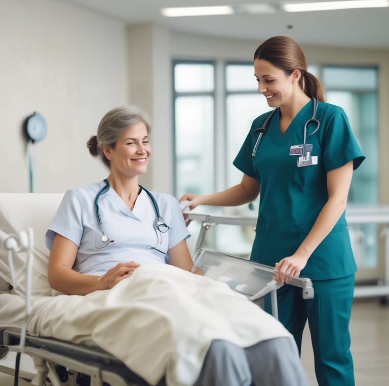 A warm handshake between a nurse and a healthcare recruiter in a bright, welcoming office.