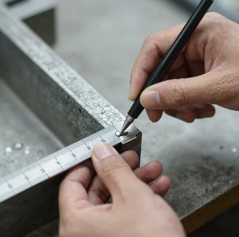 A craftsman carefully measuring materials in a bright workshop.