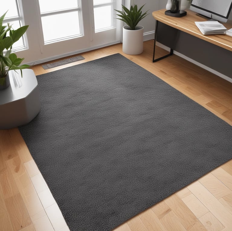 A cozy entryway featuring a textured floor mat with warm earth tones, surrounded by natural light and wooden flooring.