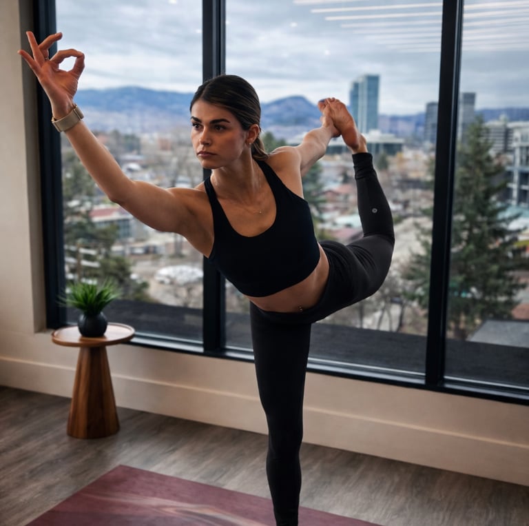 Woman in black activewear performing Lord of the Dance yoga pose on a mat in a high-rise studio.