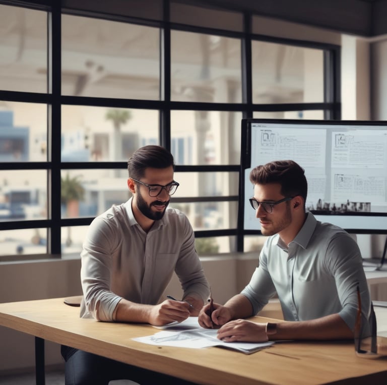 A team collaborating over laptops and sketches, symbolizing personalized digital strategy planning.