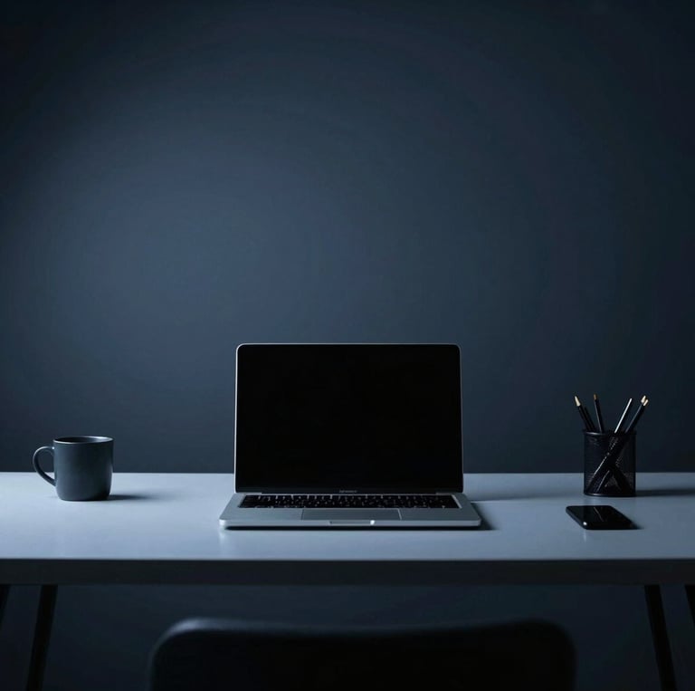 A minimalist workspace with a laptop displaying a clean website design in deep navy and ice blue tones.