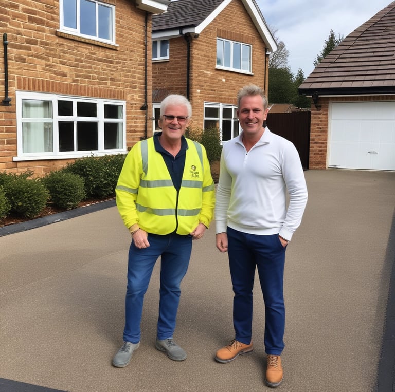 Two men standing on a newly installed resin driveway in front of a modern brick house.