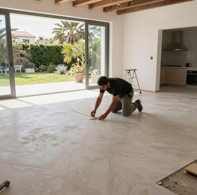 A skilled craftsman fitting custom cabinetry in a sunlit Mediterranean villa kitchen.