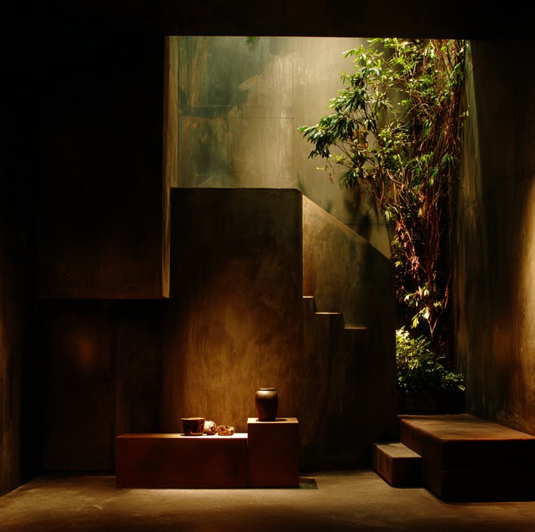 Minimalist interior with brutalist concrete walls, indoor plants, and moody accent lighting on pottery.