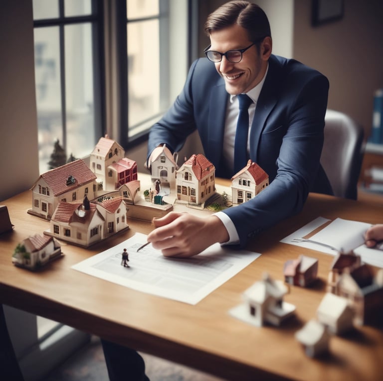 A professional lawyer reviewing property documents in a modern office with warm earthy tones.