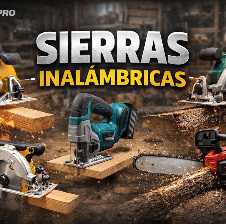 Sierras inalámbricas Batpro: selección de sierra circular, caladora y motosierra cortando madera.