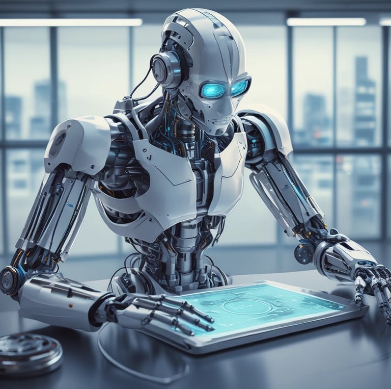 A team of engineers collaborating over futuristic robotic and wireless communication devices in a bright, modern lab.