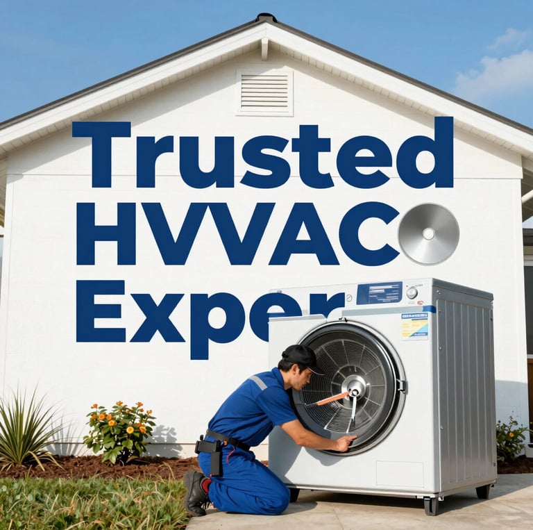 Technician in blue uniform inspecting an air conditioning unit on a sunny day.