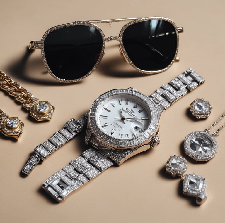 Close-up of elegant eyeglasses with a black and gold frame on a white marble surface