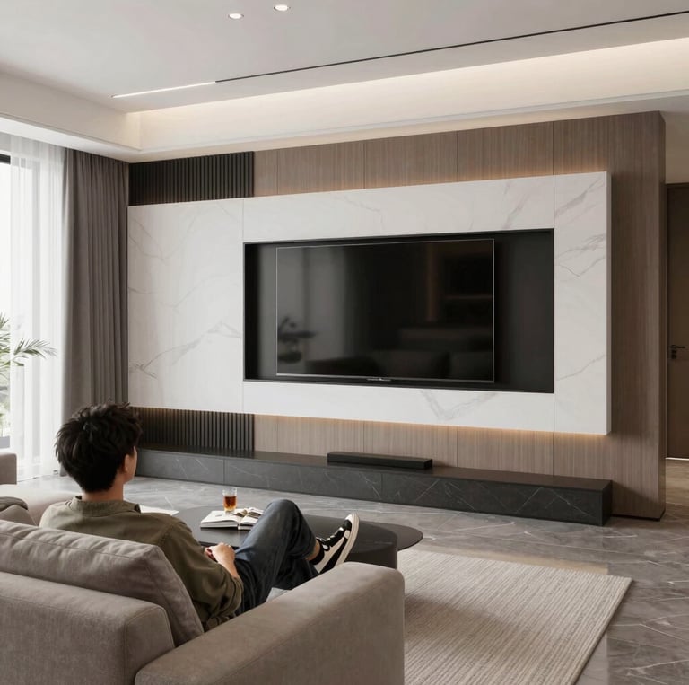 A skilled carpenter carefully installing a custom wooden accent wall in a bright, modern living room.