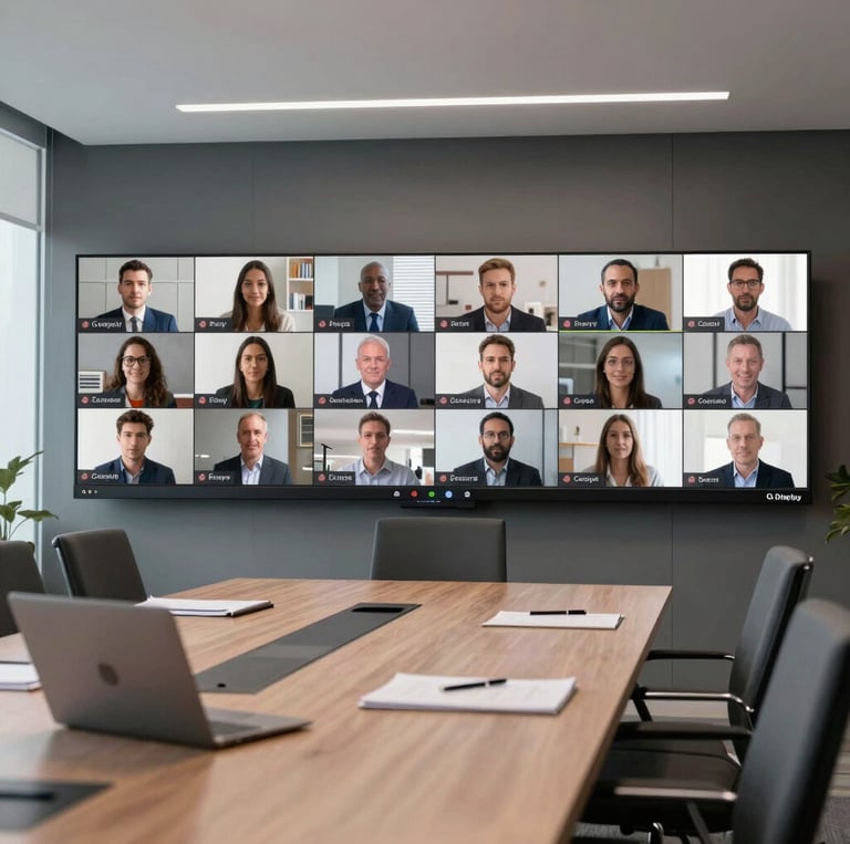 A modern workspace with integrated audio-visual and IT systems glowing softly, illustrating seamless connectivity.