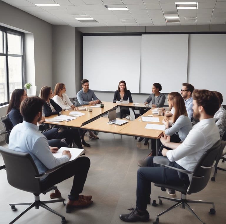 Professional business team collaborating in a modern office environment with strategic charts.