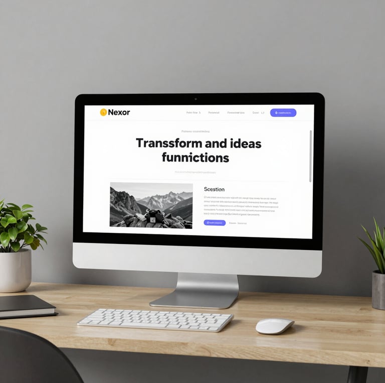 A sleek, modern workspace with dual monitors displaying web design and coding, bathed in blue ambient light.