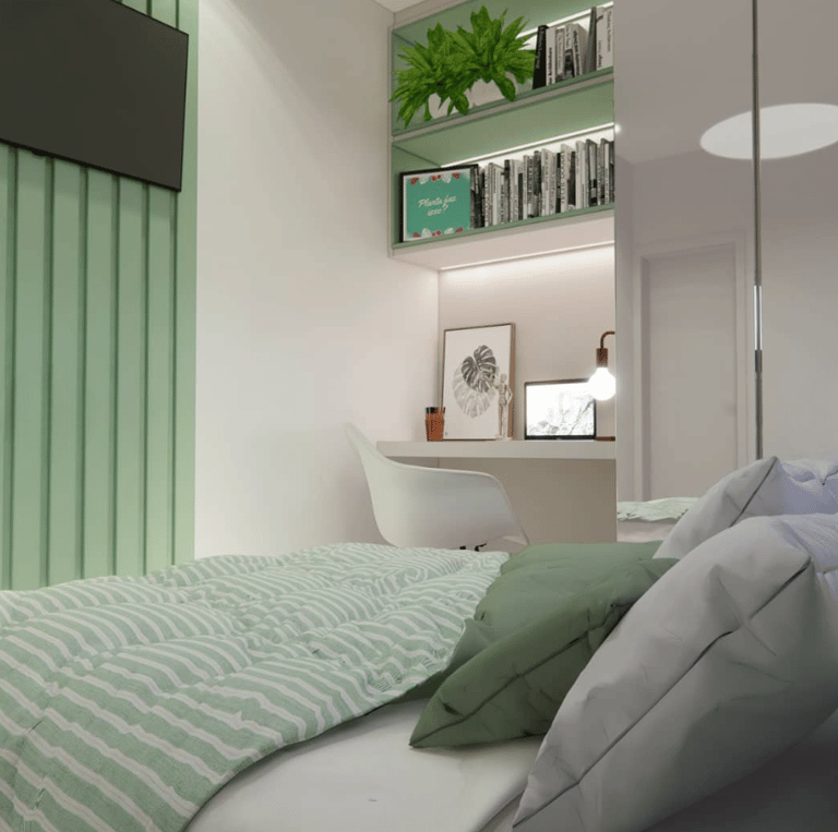 Chambre moderne conçue par Étudexia avec aménagement sur mesure, rangements intégrés et décoration intérieure élégante.