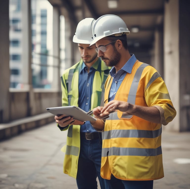 Civil engineer using a tablet during a building inspection in São Paulo.