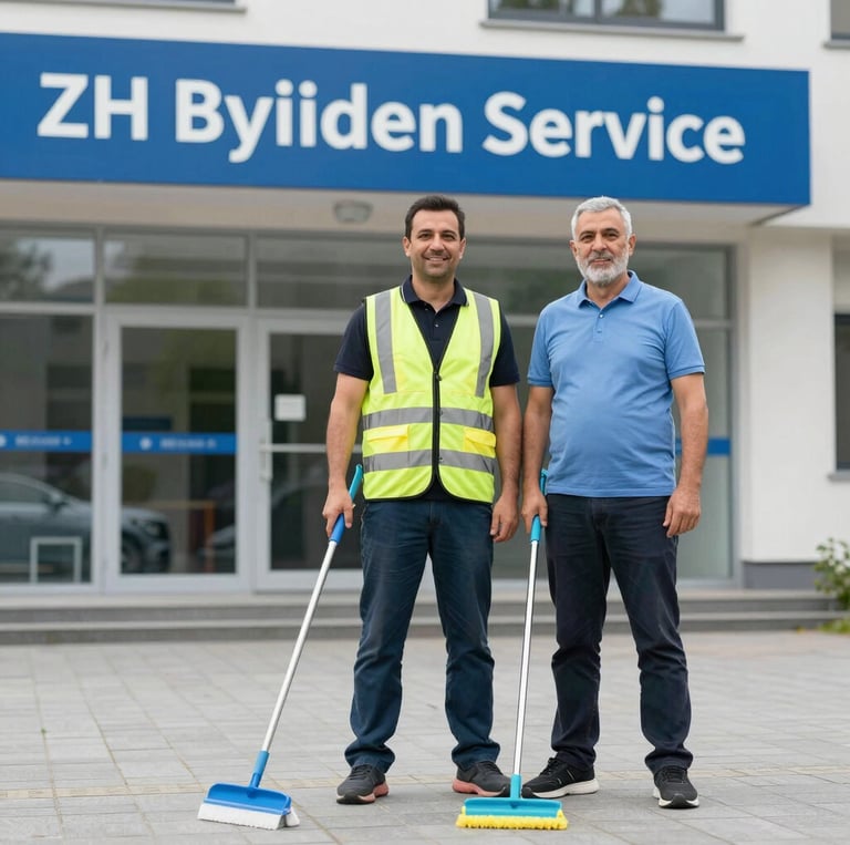 Friendly cleaning staff in blue uniforms working diligently in a bright, spotless office environment.