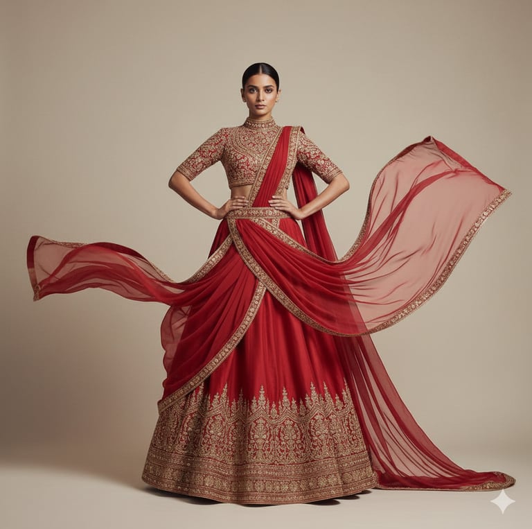 a woman in a red dress with a red and gold dress