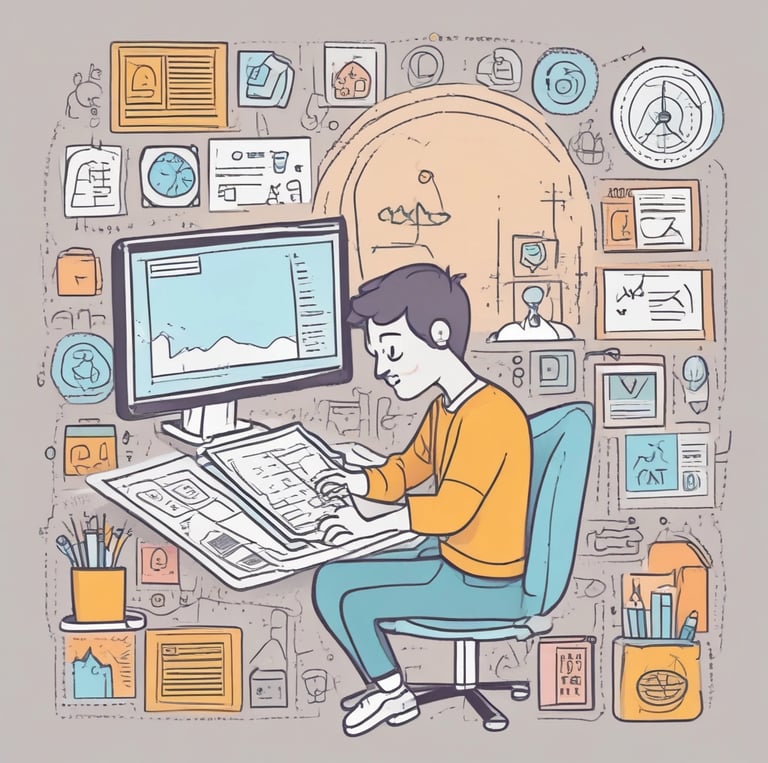 A sleek workspace with a laptop displaying a modern website design and game development tools nearby.