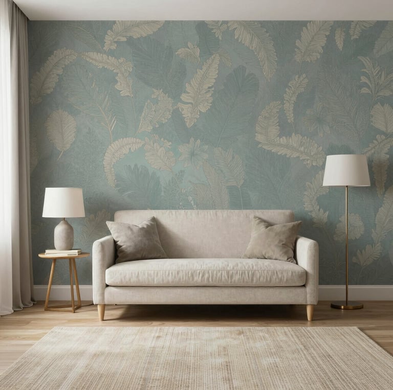 A cozy living room featuring elegant wallpaper, sleek PVC panels, and warm wooden flooring, showcasing innovainteriors' design touch.