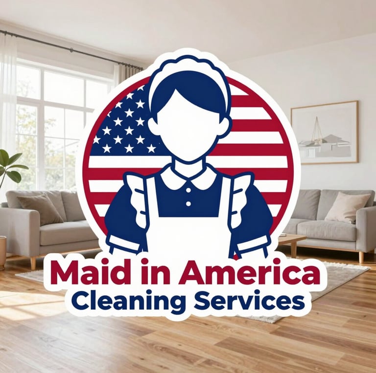 Maid in America Cleaning Services logo superimposed over a clean, modern living room with bright natural light and hardwood