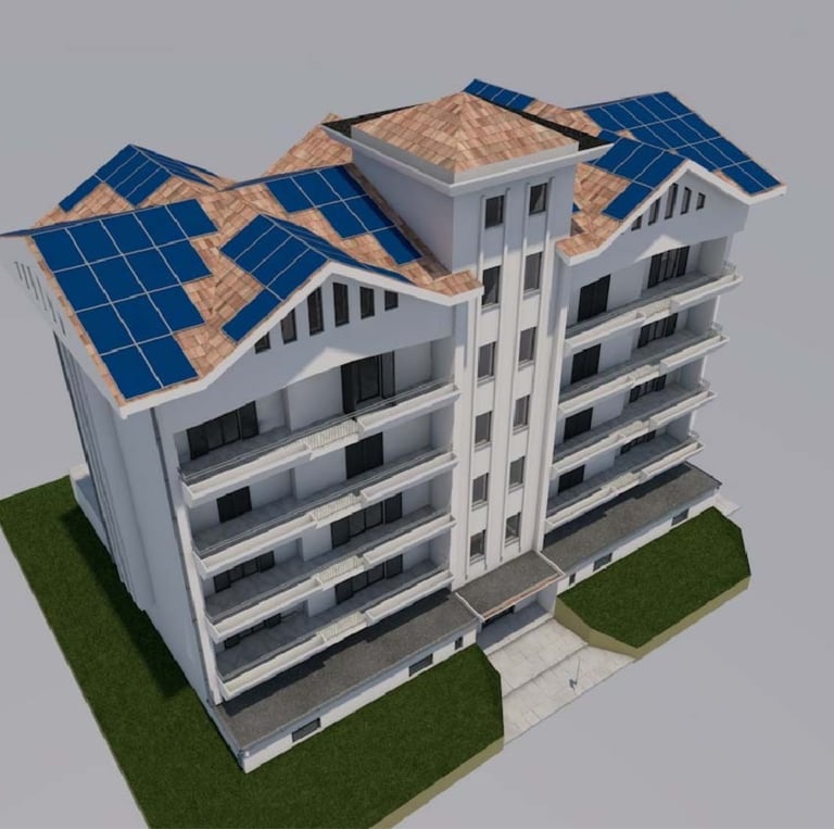 a building with a solar paneled roof and a solar paneled roof