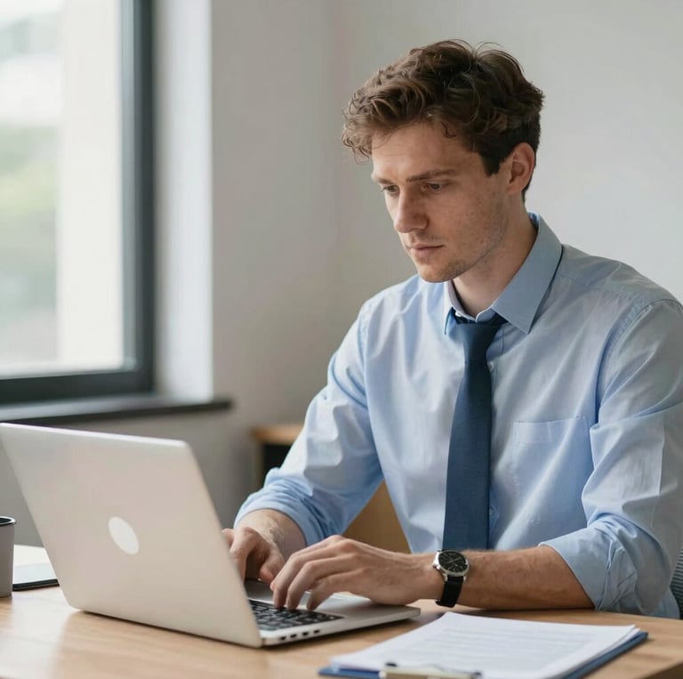 Portrait of James Goodreau in a modern office, confidently discussing strategy with a client.