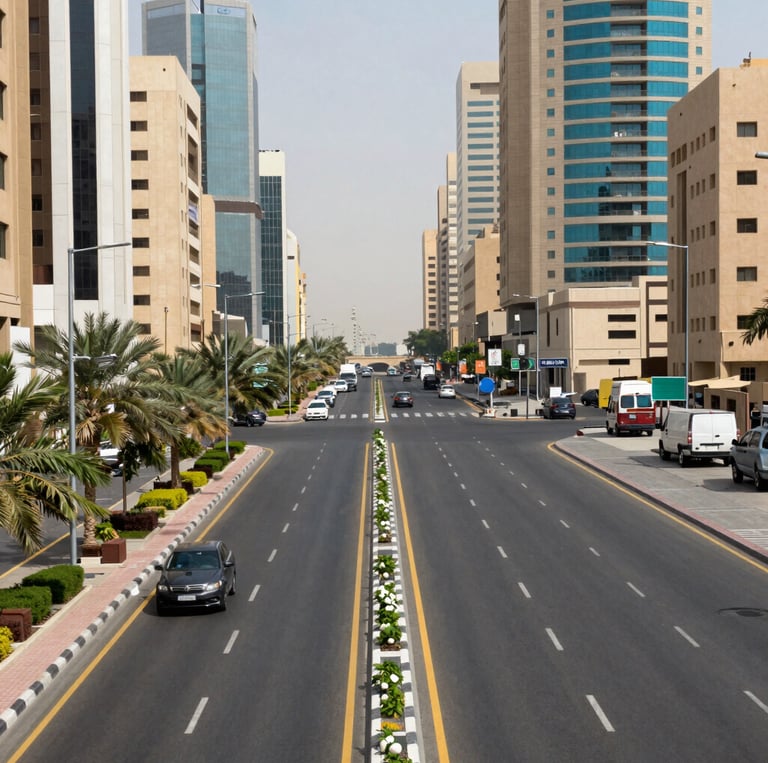 A busy street in Riyadh showing freshly painted road markings under clear daylight.