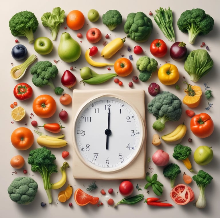 a clock on a square clock face with fruits and vegetables