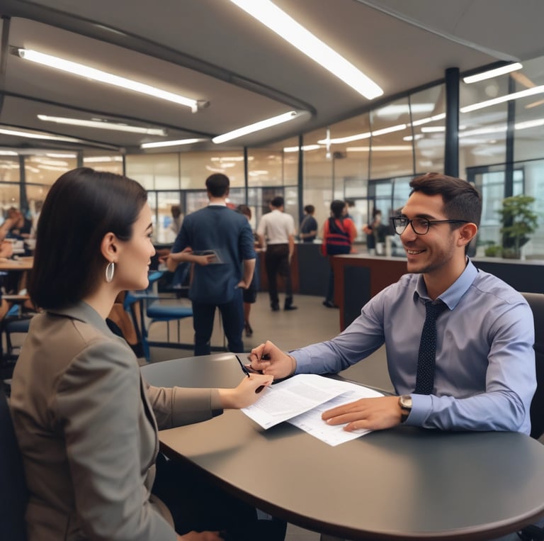 A friendly former U.S. visa officer consulting with a client over a laptop in a bright, professional setting.