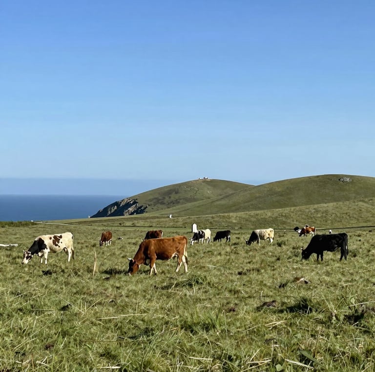 farmland by the coast with a few rolling hills and cows