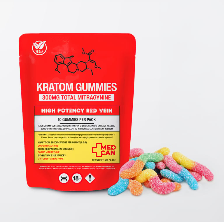 High potency red vein kratom gummies in a red package with sour sugar-coated gummy worms.