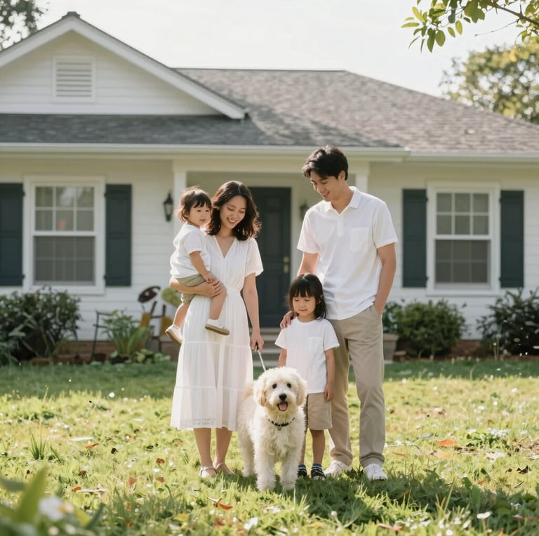 A warm photo of the family team standing proudly in front of a modern home basement they recently finished.