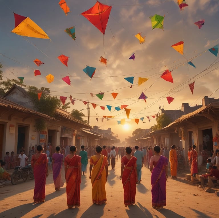 A colorful depiction of families in traditional attire celebrating Sankranthi with kites, sweets, and decorations in the Serenity apartment community.