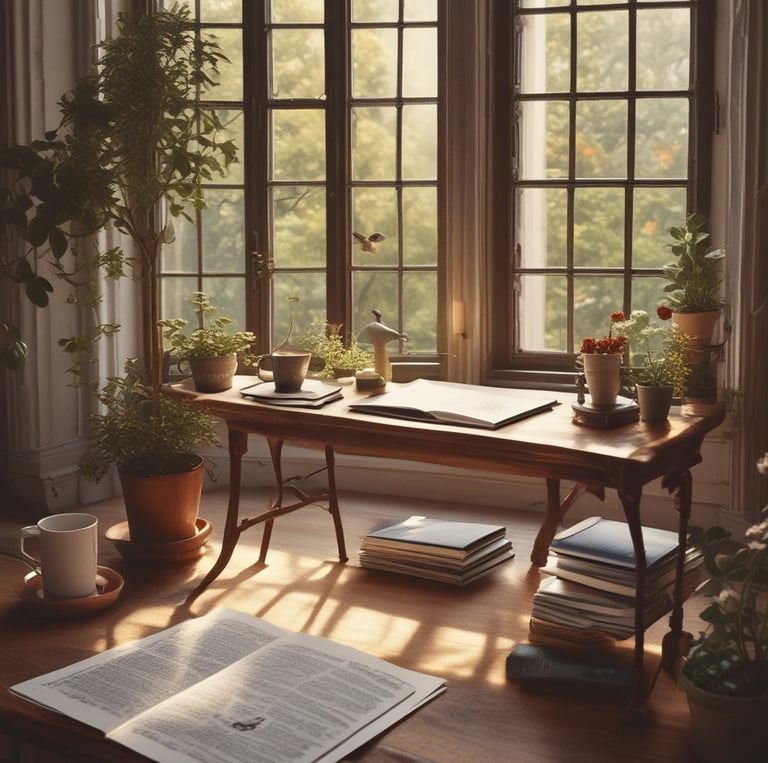 A serene workspace with natural light, a journal, a cup of herbal tea, and wellness products arranged thoughtfully.