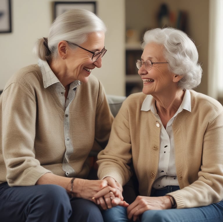 Friendly caregiver smiling warmly while chatting with a senior in a cozy, sunlit living room.
