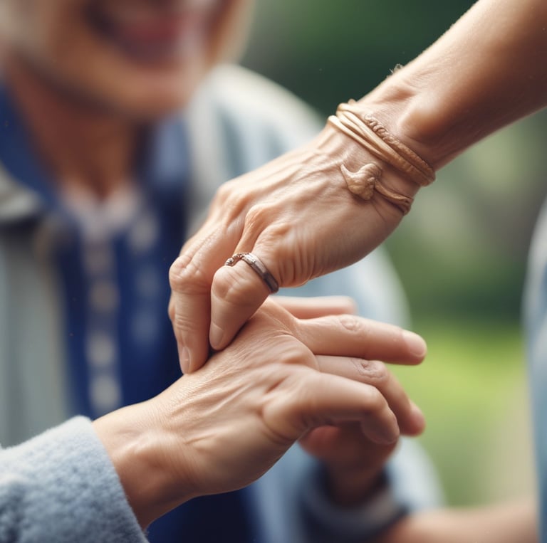 Caregiver holding hands with a senior, warm smile, close-up emotional shot.