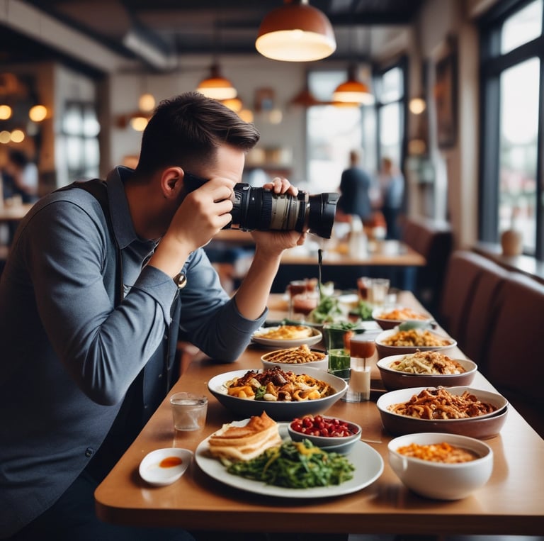 A professional photographer capturing vibrant dishes in a cozy restaurant setting.