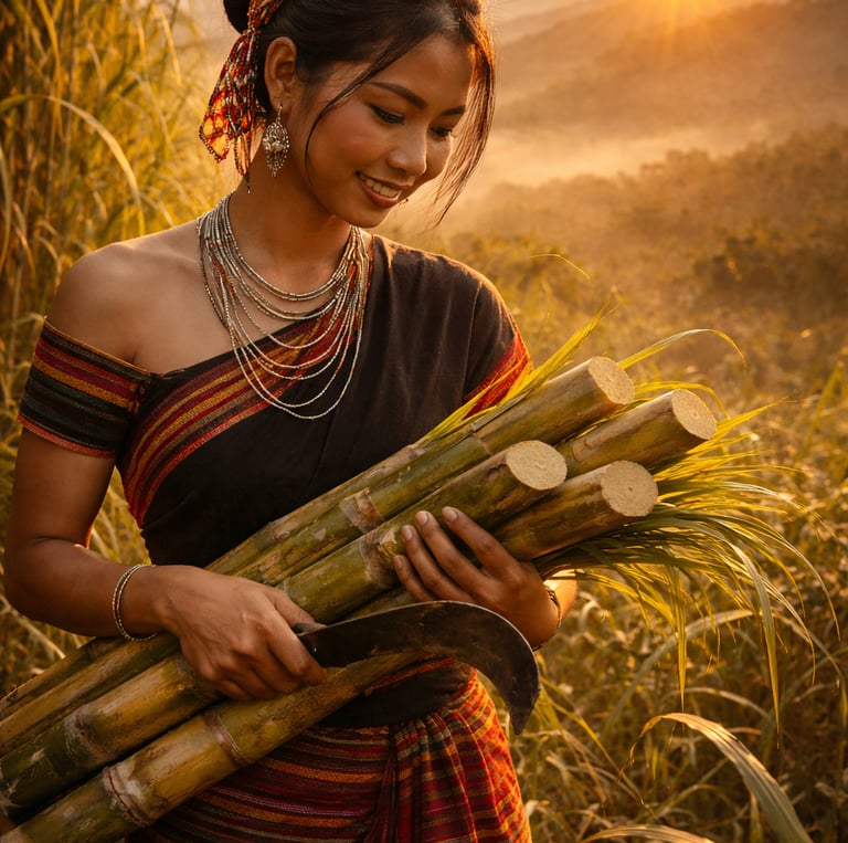 Alt text: Indigenous Chakma woman harvesting sugarcane in a sunlit field at sunrise in the Chittagon