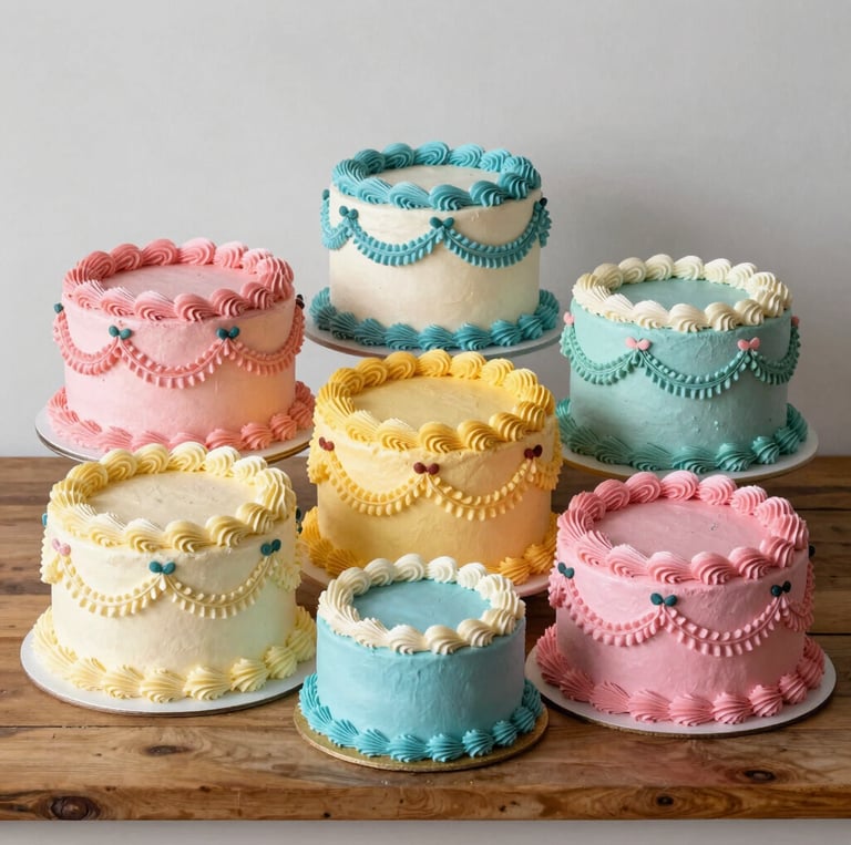 A colorful assortment of cupcakes with swirled frosting and sprinkles arranged on a rustic wooden table