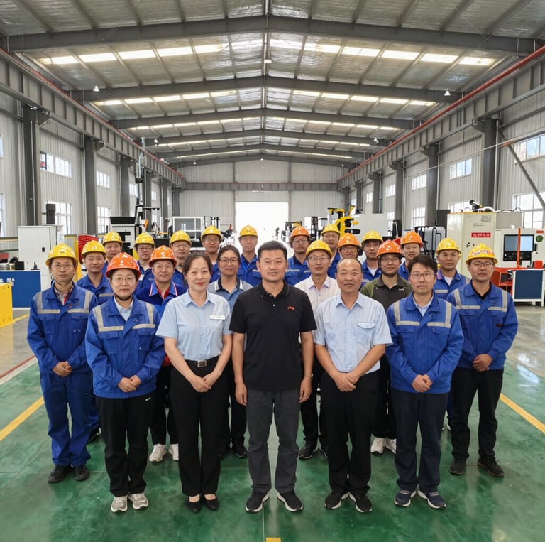 A bright, spacious workshop with a Chinese engineer and an American client smiling and shaking hands in front of the camera.