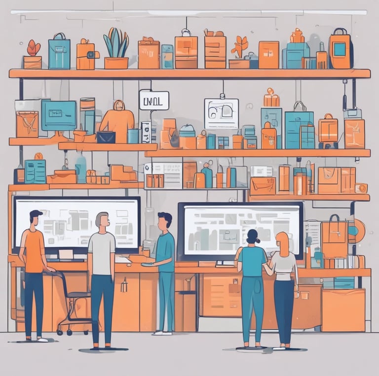 A bright, modern store interior showcasing neatly arranged household and kitchen products with subtle blue and green accents.