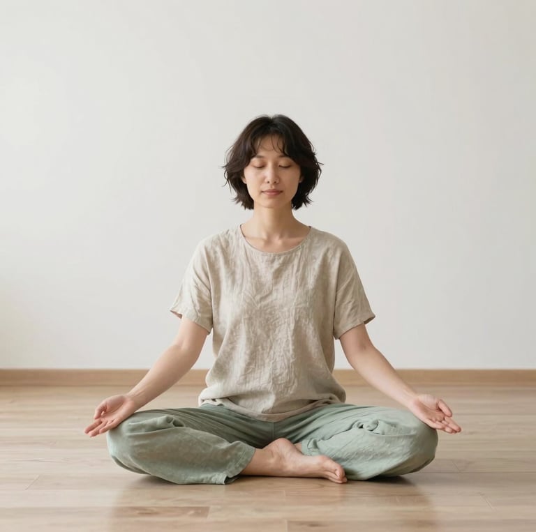 A serene person sitting peacefully in a minimalist room with soft sand, white, sage green, and gold accents.