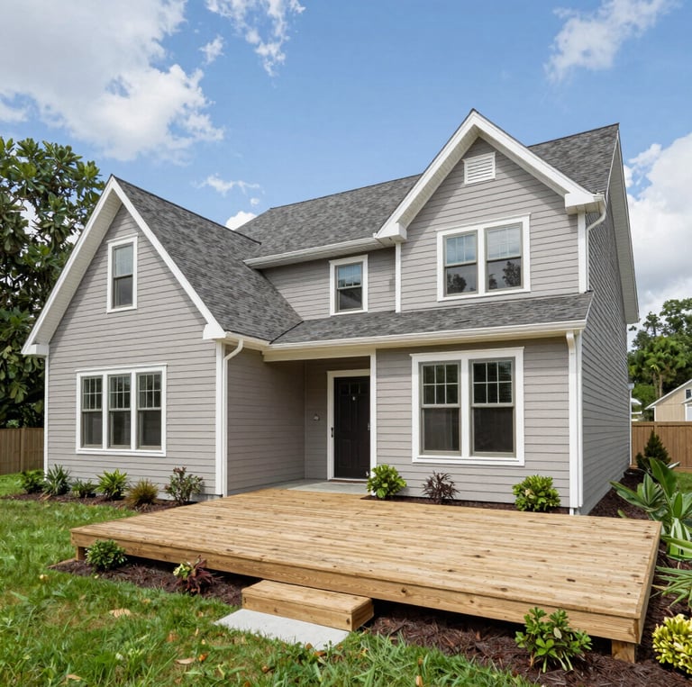 A freshly renovated navy blue house exterior featuring new siding, a sturdy deck, and crisp white trim under a bright sky.