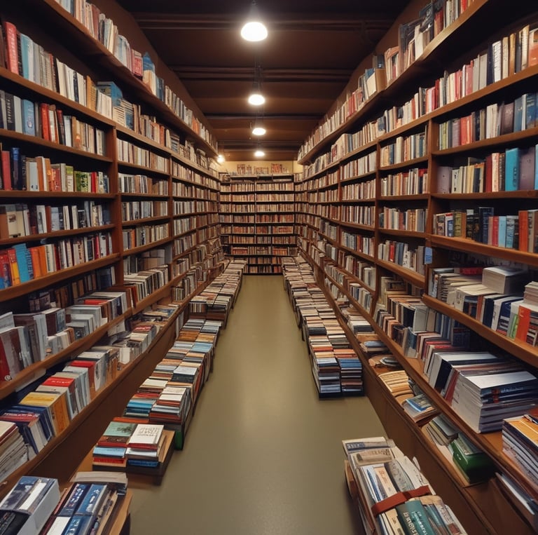 A bookstore interior with a variety of books on shelves and display tables. People are browsing or reading books, with one person standing at a table and others seated. The room is well-lit, creating a cozy and inviting atmosphere.
