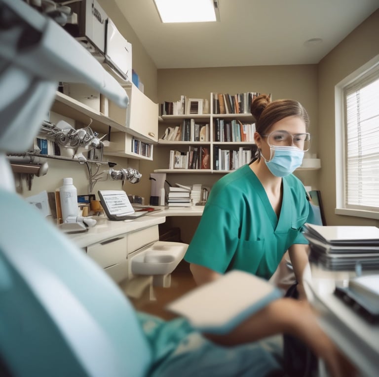 A dentist and a patient are in a dental office. The dentist, wearing scrubs, is pointing at a laptop on a mobile dental unit. The patient, seated in the dental chair, is looking at the screen with a smile. The room contains dental equipment and art featuring teeth on the wall.