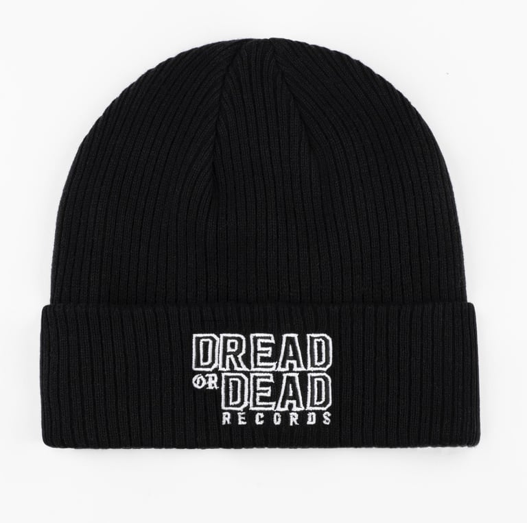 Flat lay beanie black hat by Dread or Dead Records